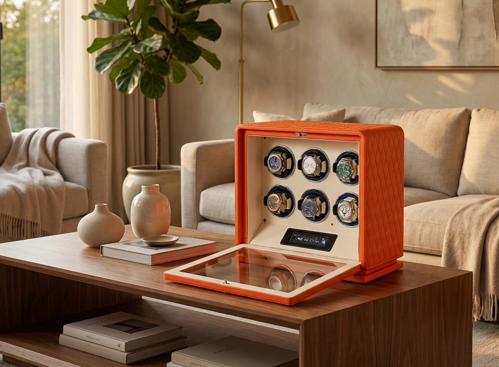Luxury watch winder housing a Rolex Submariner and an Omega Seamaster, showcasing independent motor settings.