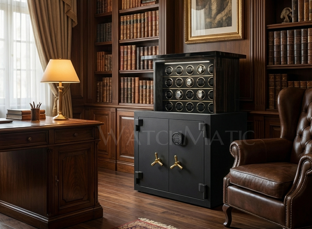 Close-up of a biometric fingerprint lock and independent winding rotors in a luxury watch safe
