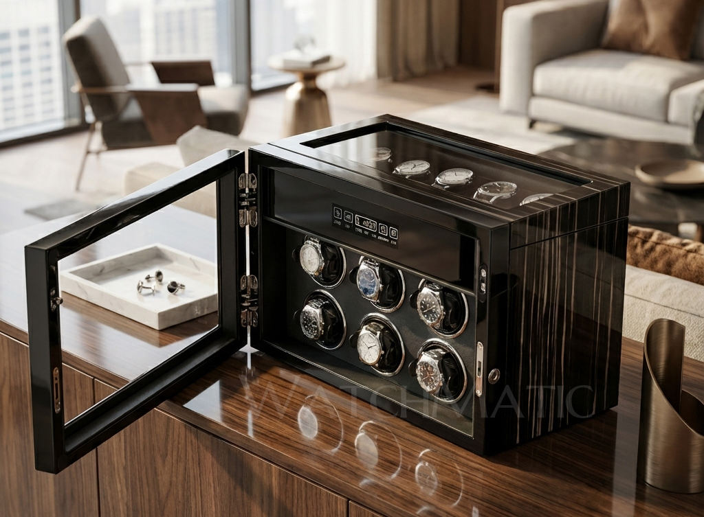 Luxury watch rotating in a WatchMatic winder with adjustable clockwise and counterclockwise settings